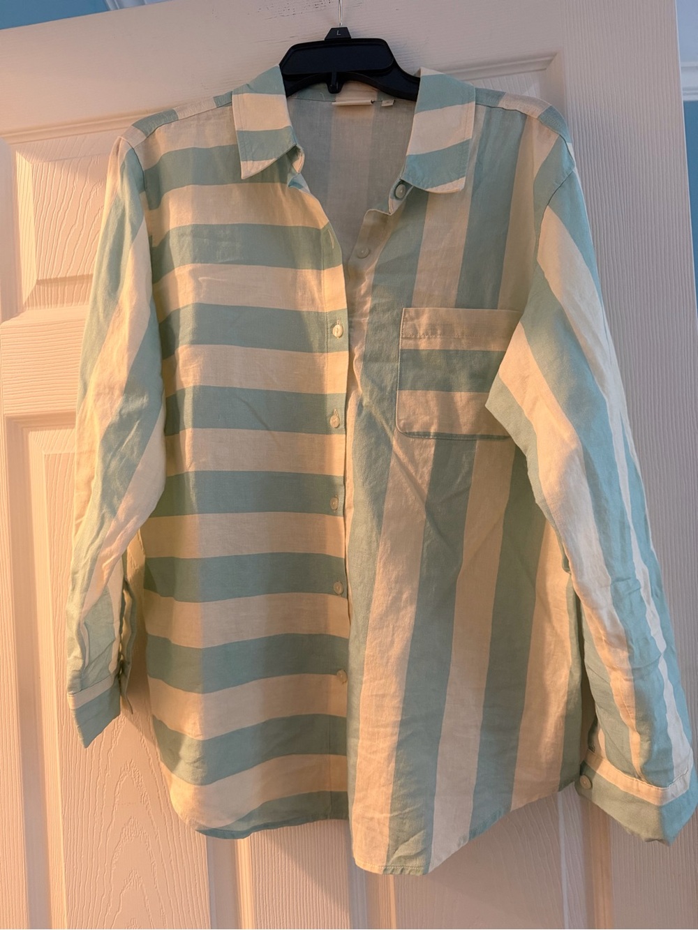 Light Aqua and White Striped women’s Button-Up Shirt